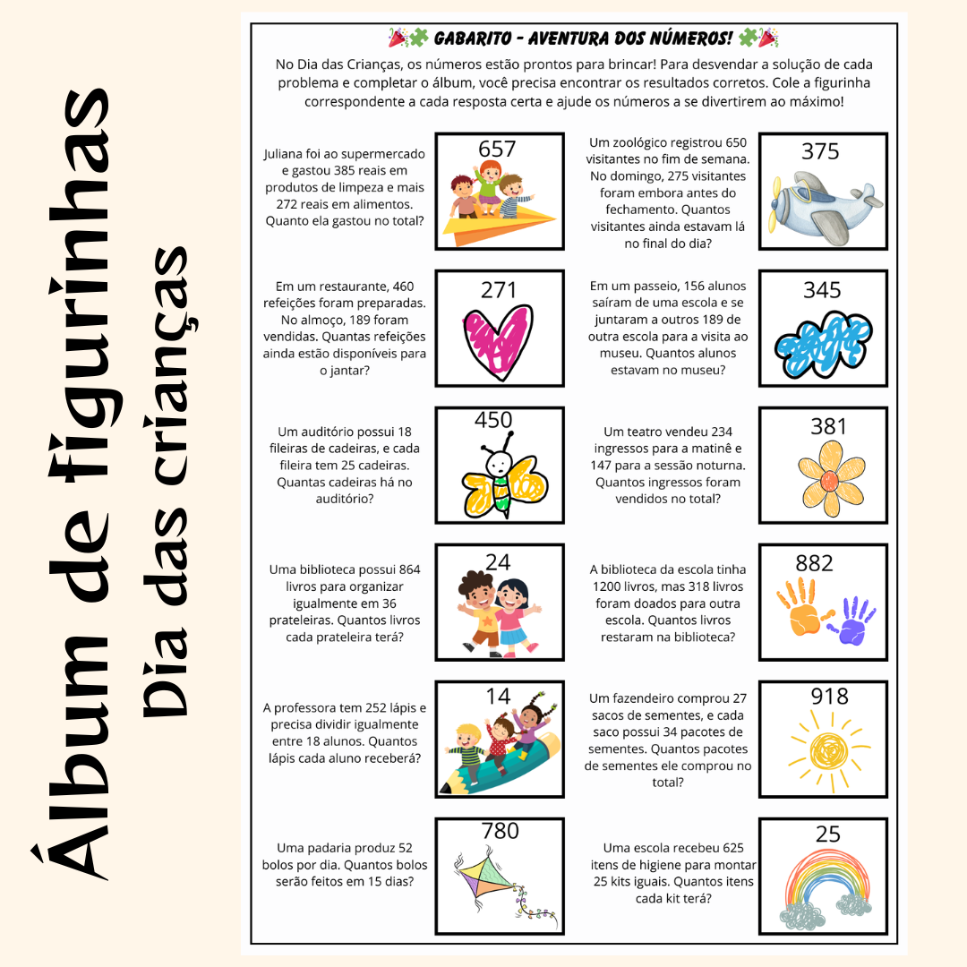 Álbum de Problemas Matemáticos - Operações Básicas com Tema do Dia das Crianças