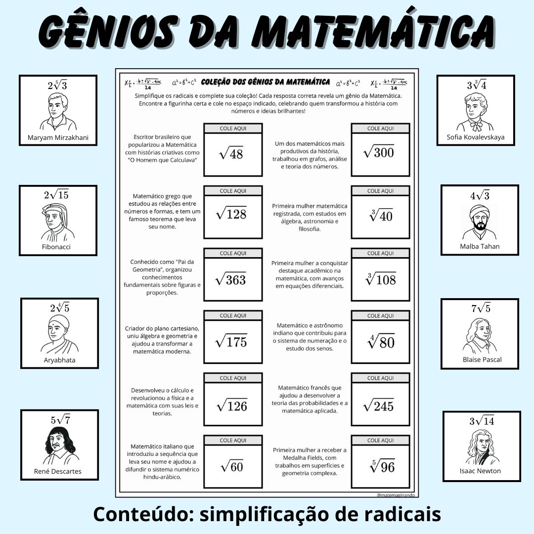 Gênios da Matemática — Álbum de Simplificação de Radicais