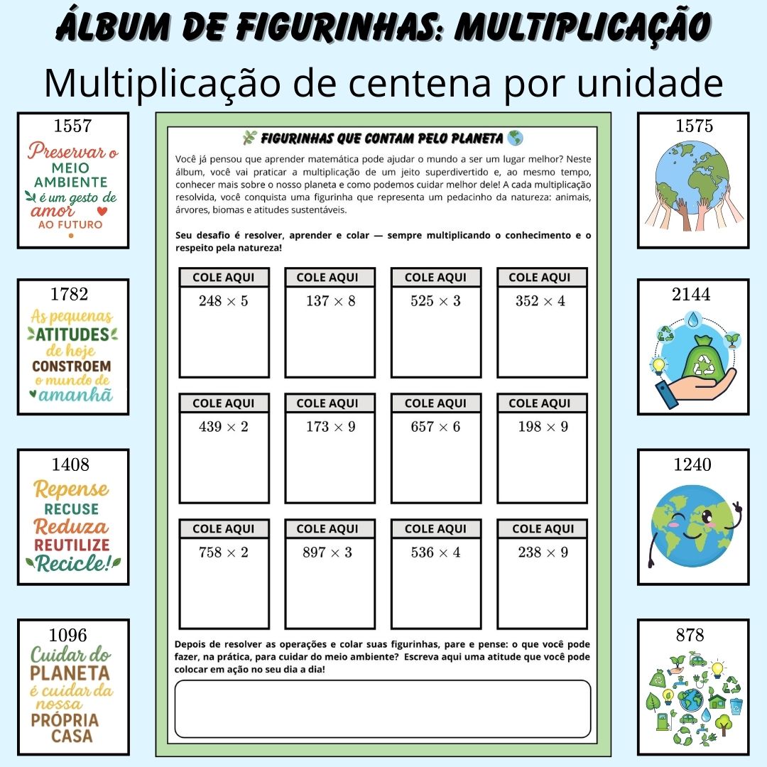 Álbum de Figurinhas – Multiplicação (centena × unidade) e Meio Ambiente