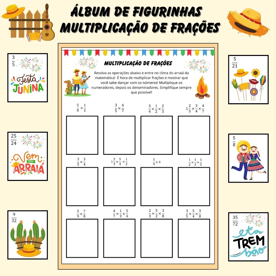 Álbum de Figurinhas – Multiplicação de Frações (Especial Festa Junina)