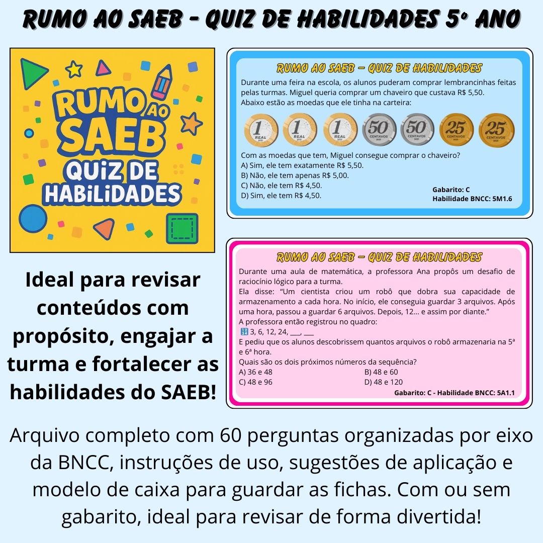 Rumo ao SAEB – Quiz de Habilidades 5º Ano | Arquivo em PDF para imprimir