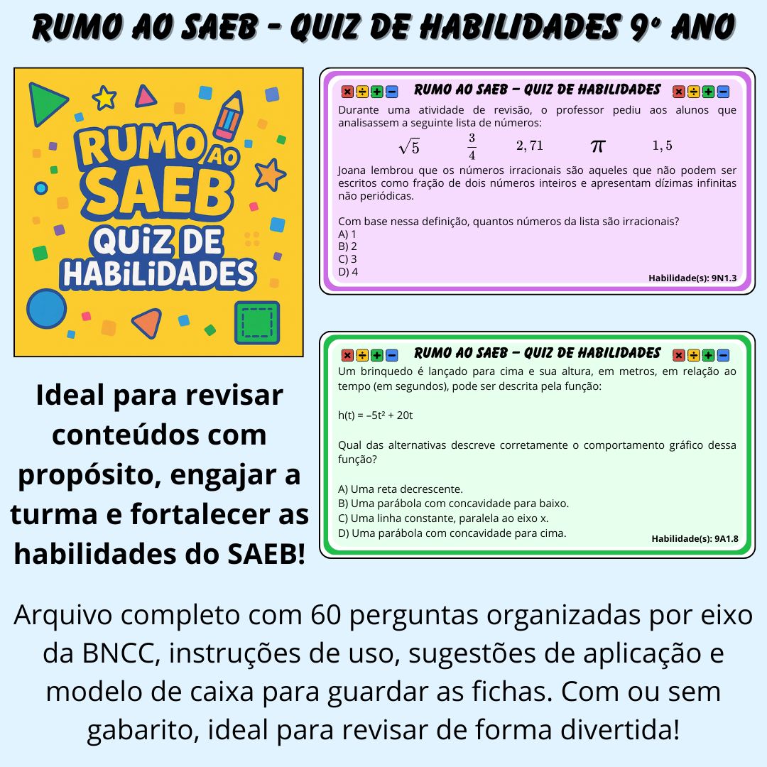 Quiz Matemática SAEB 2025 – 9º Ano com 60 Questões Alinhadas à BNCC