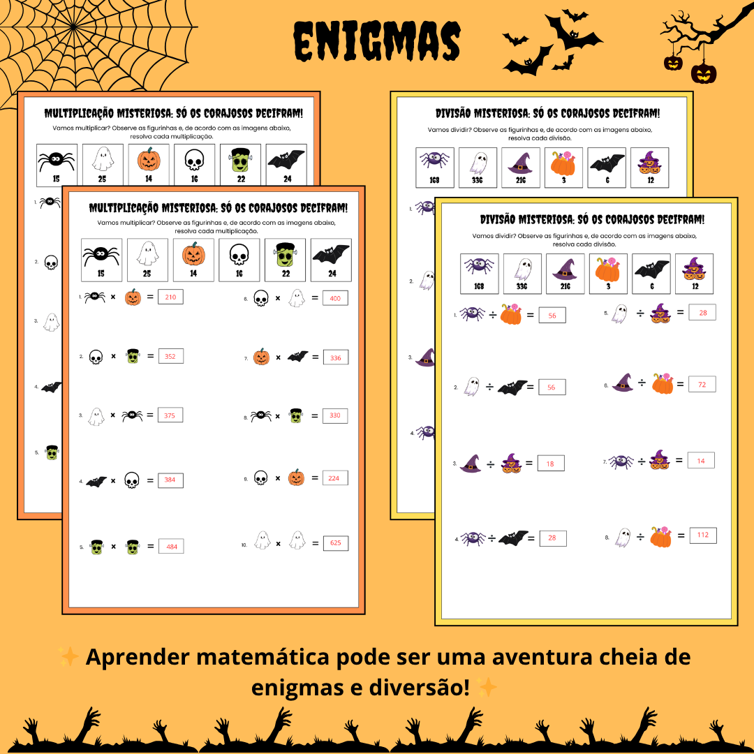 Enigmas de Halloween: Desvende com Multiplicação e Divisão!