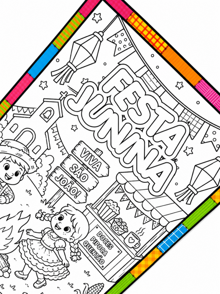 Cartaz Colaborativo para Colorir Junino | Painel Festa Junina para Escola