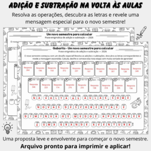 Frase enigmática de adição e subtração — volta às aulas