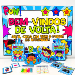 Kit Volta às Aulas Super-Heróis – Painel, lembrancinhas, coroas e jogo da memória