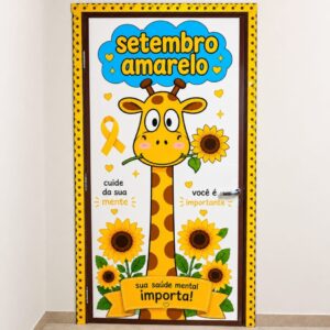 Painel de Porta Setembro Amarelo para Imprimir – Girafa e Girassóis
